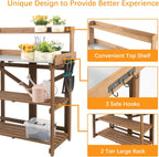 Ketive Folding Potting Bench Table,Outdoor Potting Bench Garden Wooden Potting Table,Fir Wood Workstation Planting Table with Galvanized Tabletop,2 Tier Storage Shelves,Top Shelf(Brown)