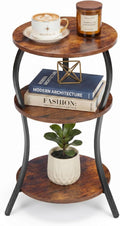 Vintage Small Round Side Table, 3-Tier Slim Waist Circular End Table with Storage Shelf, Compact Tea Sofa Table, Round Corner Coffee Table Nightstand for Living Room Bedroom Small Spaces,Rustic Brown