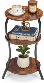Vintage Small Round Side Table, 3-Tier Slim Waist Circular End Table with Storage Shelf, Compact Tea Sofa Table, Round Corner Coffee Table Nightstand for Living Room Bedroom Small Spaces,Rustic Brown