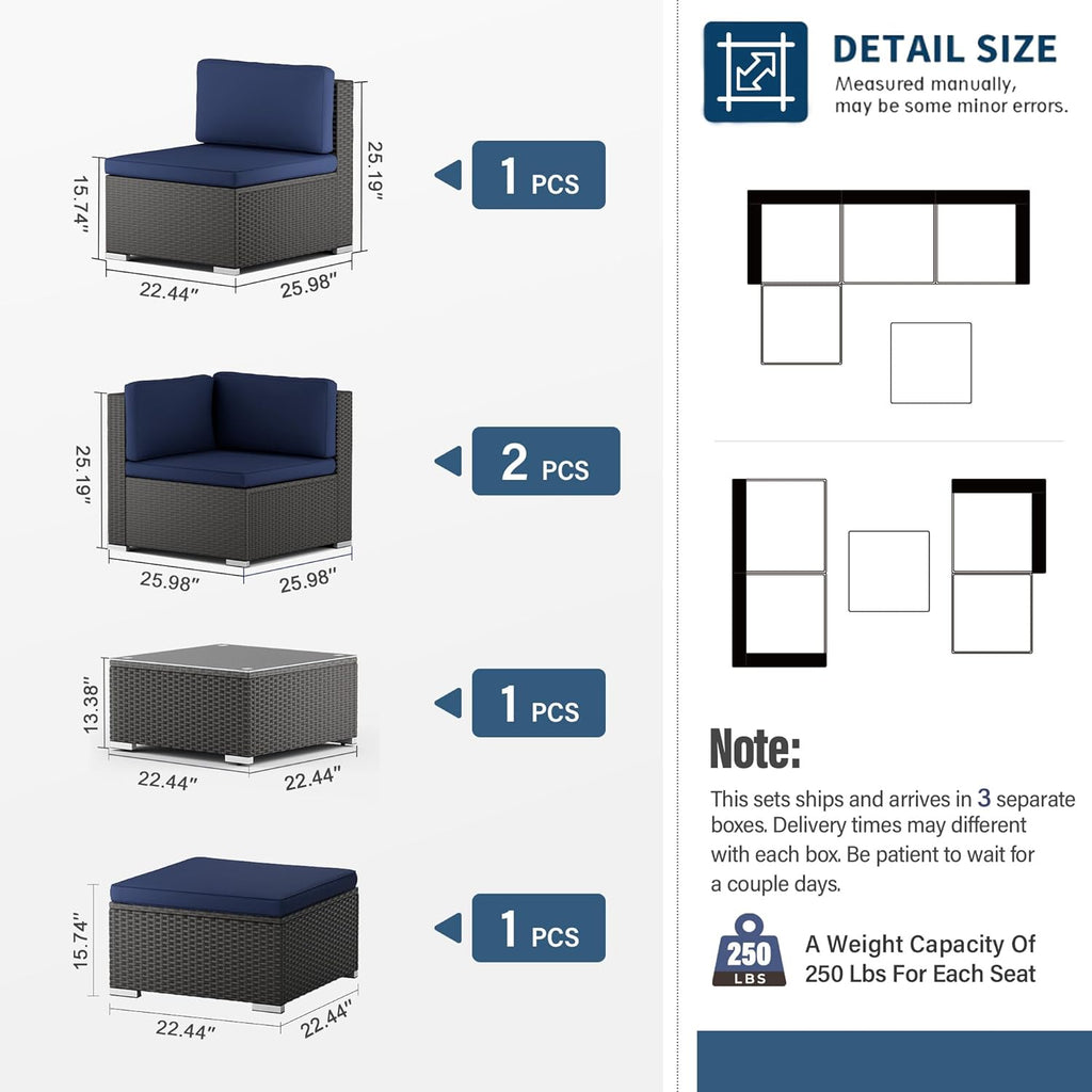 Incbruce 5 Pcs Patio Furniture Set with Ottoman, All-Weather PE Rattan Outdoor Sectional Sofas, Patio Sectional Furniture Set with Cushion & Glass Table (Blue)