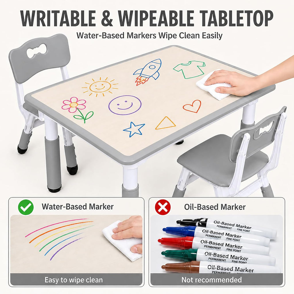 UNICOO Kids Table and Chairs Set, Height Adjustable Toddler Activity Table with 2 Chairs, Plastic Study Desk for Drawing, Crafts, Reading, Snack Time and Playroom, Ages 2-10