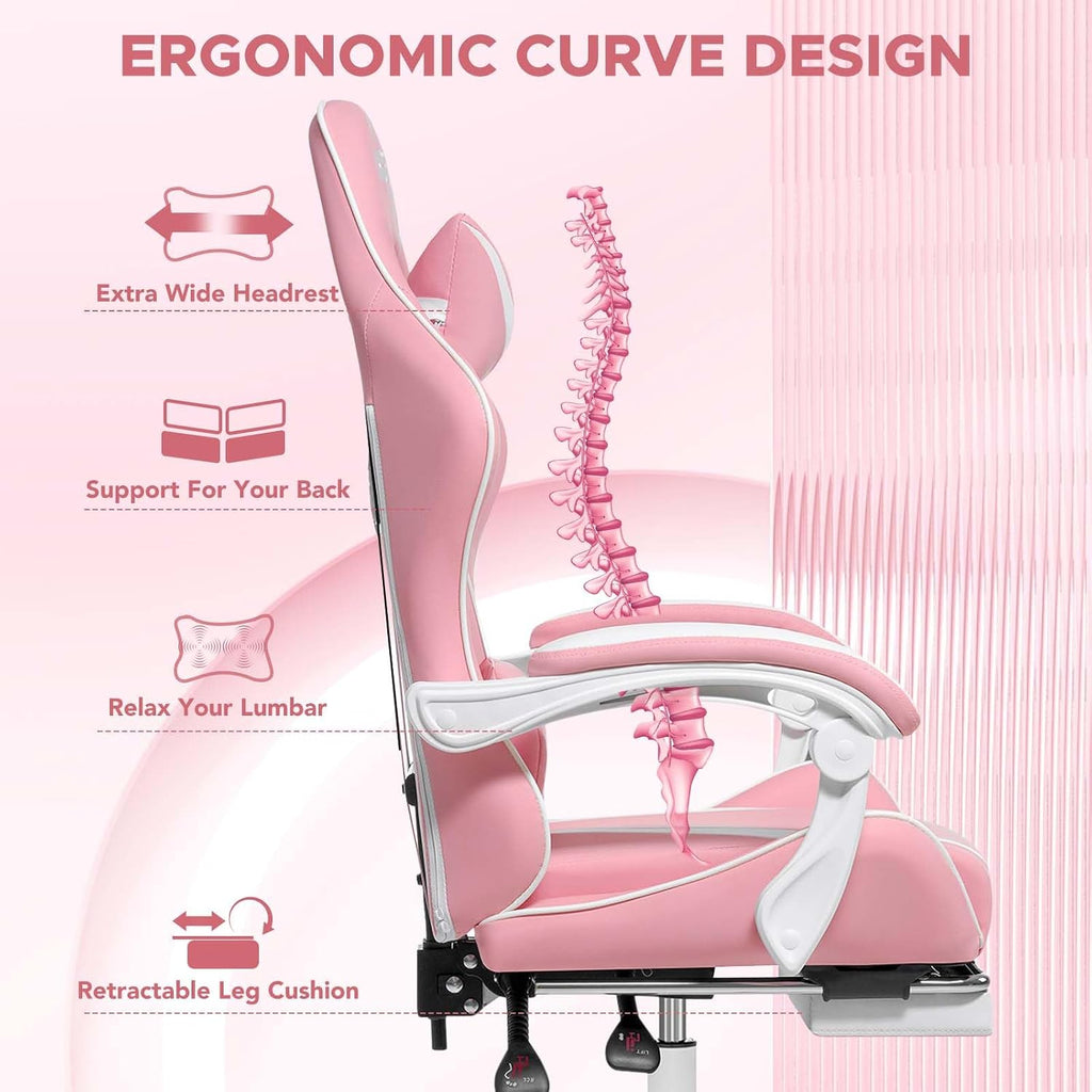 HOFFREE Pink Gaming Chair for Girls with Massage Computer Gamer Chair with Footrest and Lumbar Support Reclining PC Game Chair with Headrest for Gaming Room