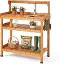 Frogprin Potting Bench Table, Extra-Large Outdoor Garden Potting Bench (HDPS) with 9 Hooks, All-Weather Garden Table Work Station, No Rust, No Fade, No Break (Teak, 35.6''X16.5''X45.5'')