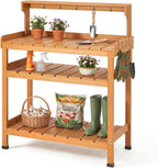 Frogprin Potting Bench Table, Extra-Large Outdoor Garden Potting Bench (HDPS) with 9 Hooks, All-Weather Garden Table Work Station, No Rust, No Fade, No Break (Teak, 35.6''X16.5''X45.5'')