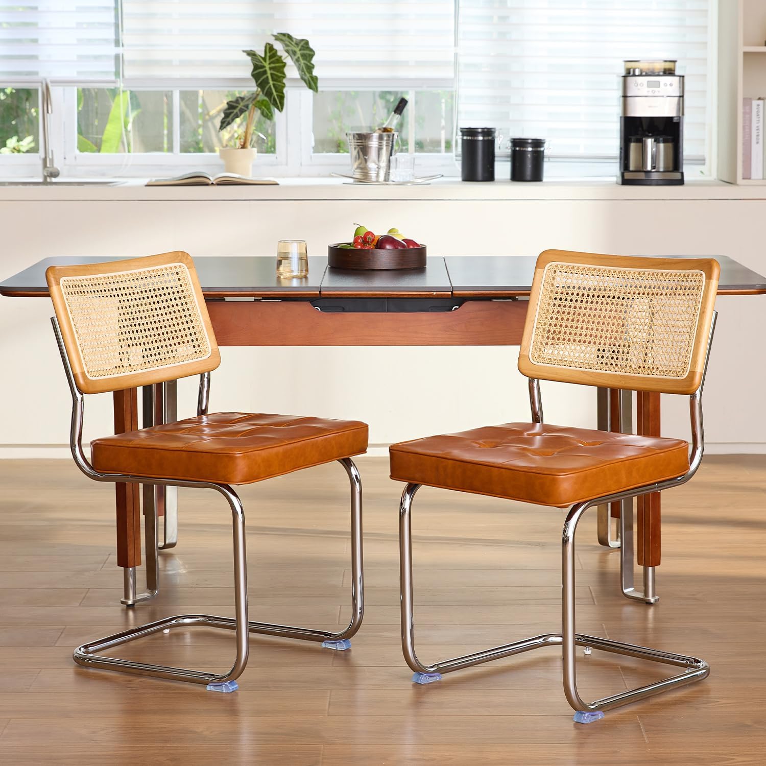 GrandNoor Rattan Dining Chairs Set of 4, Faux Leather Mid Century Modern Dining Room Chairs, Mesh Back Cane Kitchen Chair, Cesca Design Chairs with Metal Chrome Legs, Brown Leather