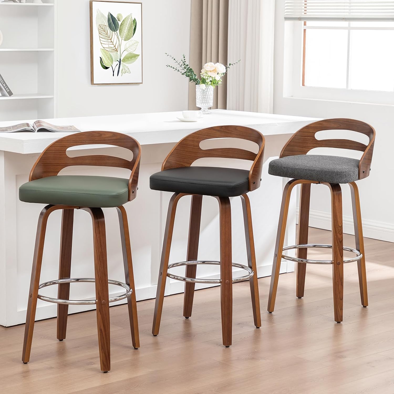 Counter Stools Set of 2, 25 inch Mid Century CounterStools with Walnut Crafts, Bentwood Curved Back, Upholstered Tech Fabric, Kitchen Island Stools for Cafe/Pub/Island (Gray, 25" Seat Height)