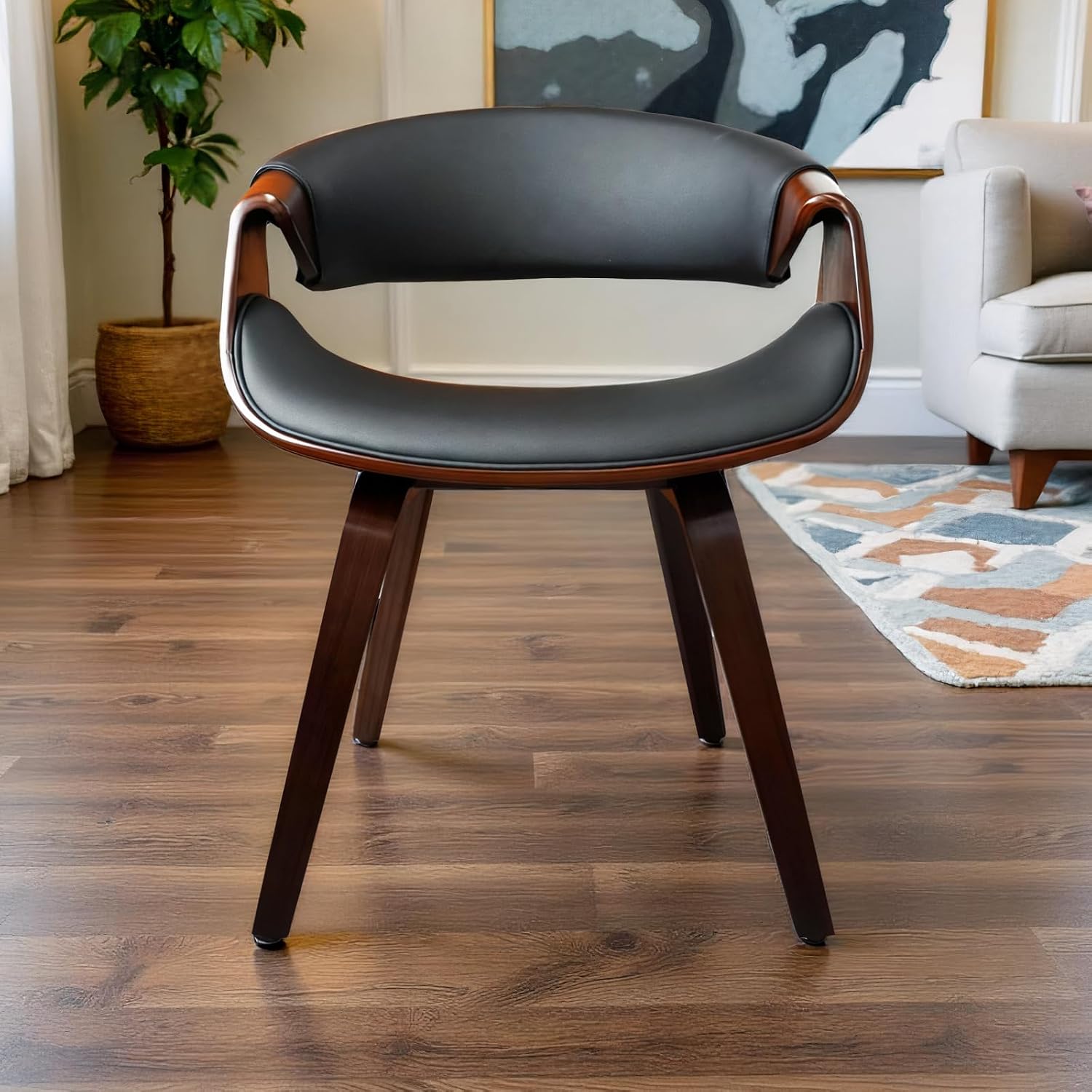 Fohfurniture Set of 2 Elegant Wide Bentwood Dining Chairs for Home Office, Upholstery Modern PU Leather Kitchen Chairs for Living Room, Study, and Dining Room (Set of 2, Black)