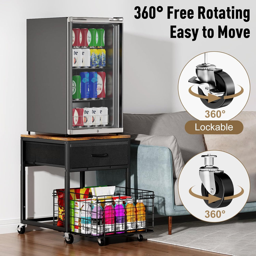 Housolution Mobile Mini Fridge Stand with Storage, Height-Adjustable Mini Beverage Fridge Table, Coffee Bar, 200 lbs Heavy-Duty Compact Refrigerator Shelf with Rolling Cabinet for Kitchen Home Office