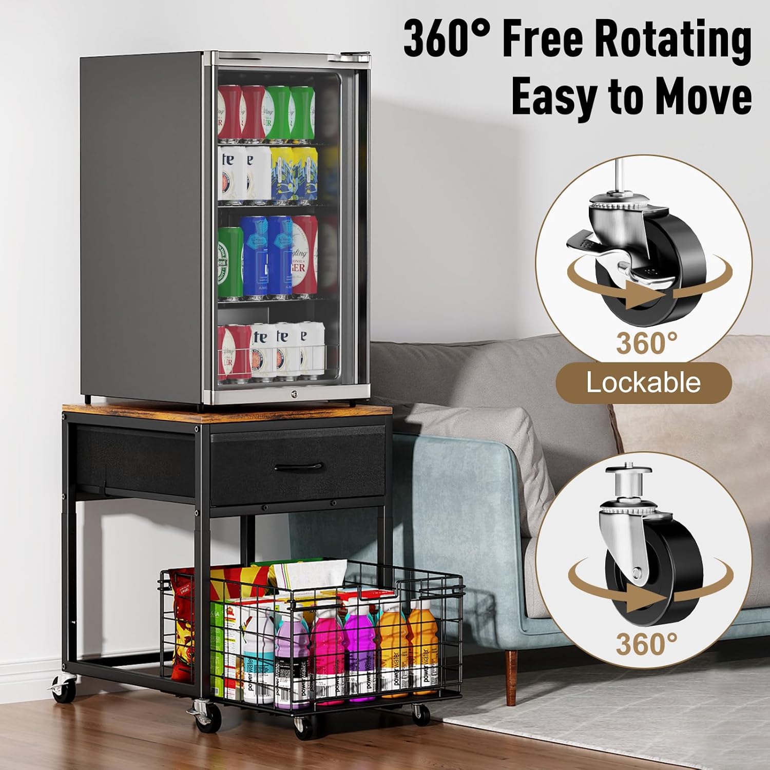 Housolution Mobile Mini Fridge Stand with Storage, Height-Adjustable Mini Beverage Fridge Table, Coffee Bar, 200 lbs Heavy-Duty Compact Refrigerator Shelf with Rolling Cabinet for Kitchen Home Office
