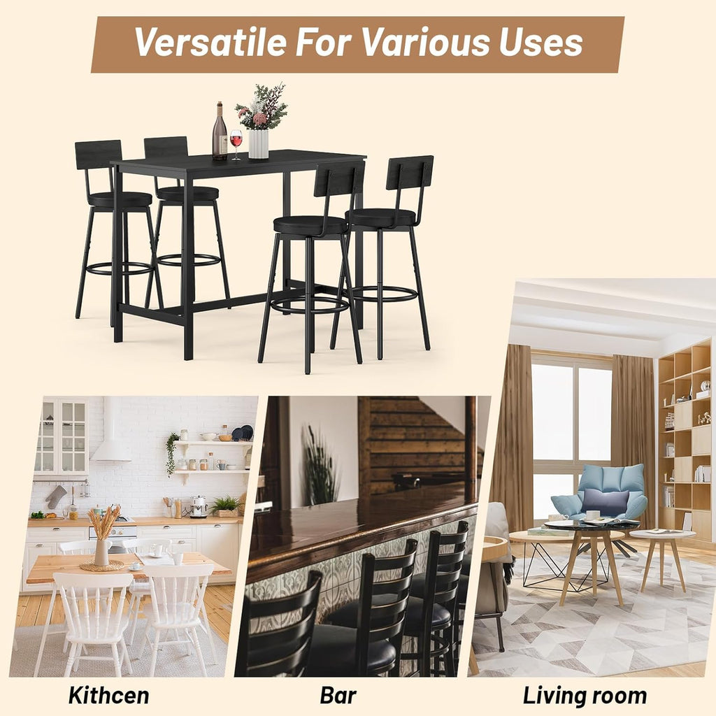 Zevemomo Dining Table Set for 4, 5-Piece Bar Table Set, Kitchen Table and Chairs, Counter Height High Top Table with 4 PU Upholstered Stools, Space-Saving Pub Tables Set for Small Space, Black