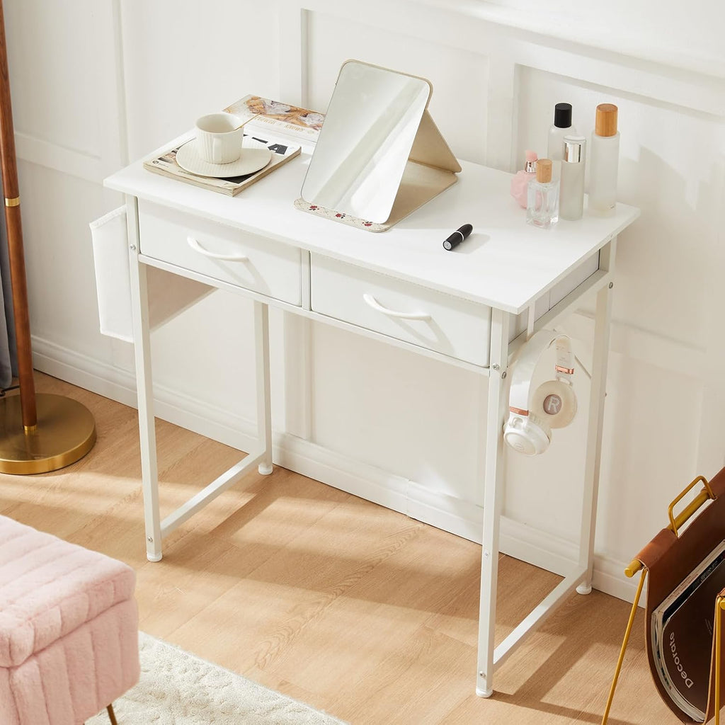 32" Small Gaming Desk with Drawers, Home Office Computer Writing Study Table with Storage Side Bag, Headphone Hook, and Adjustable Feet for Bedroom, White