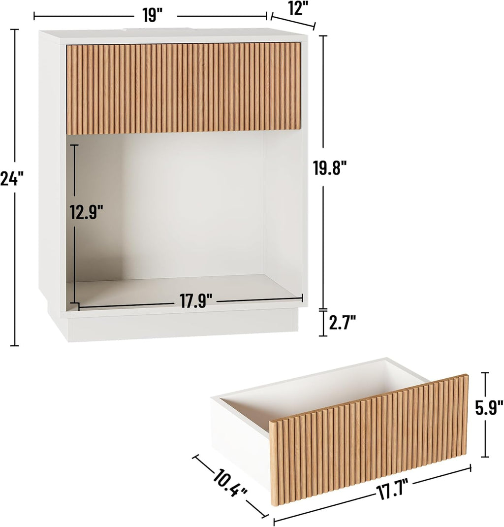 End Table with Charging Station, Fluted Nightstands Set of 2,Modern Bedside Table with Drawer and Storage Shelf, Wood End Table Mid Century Night Stands for Bedroom Living Room(White+Oak)