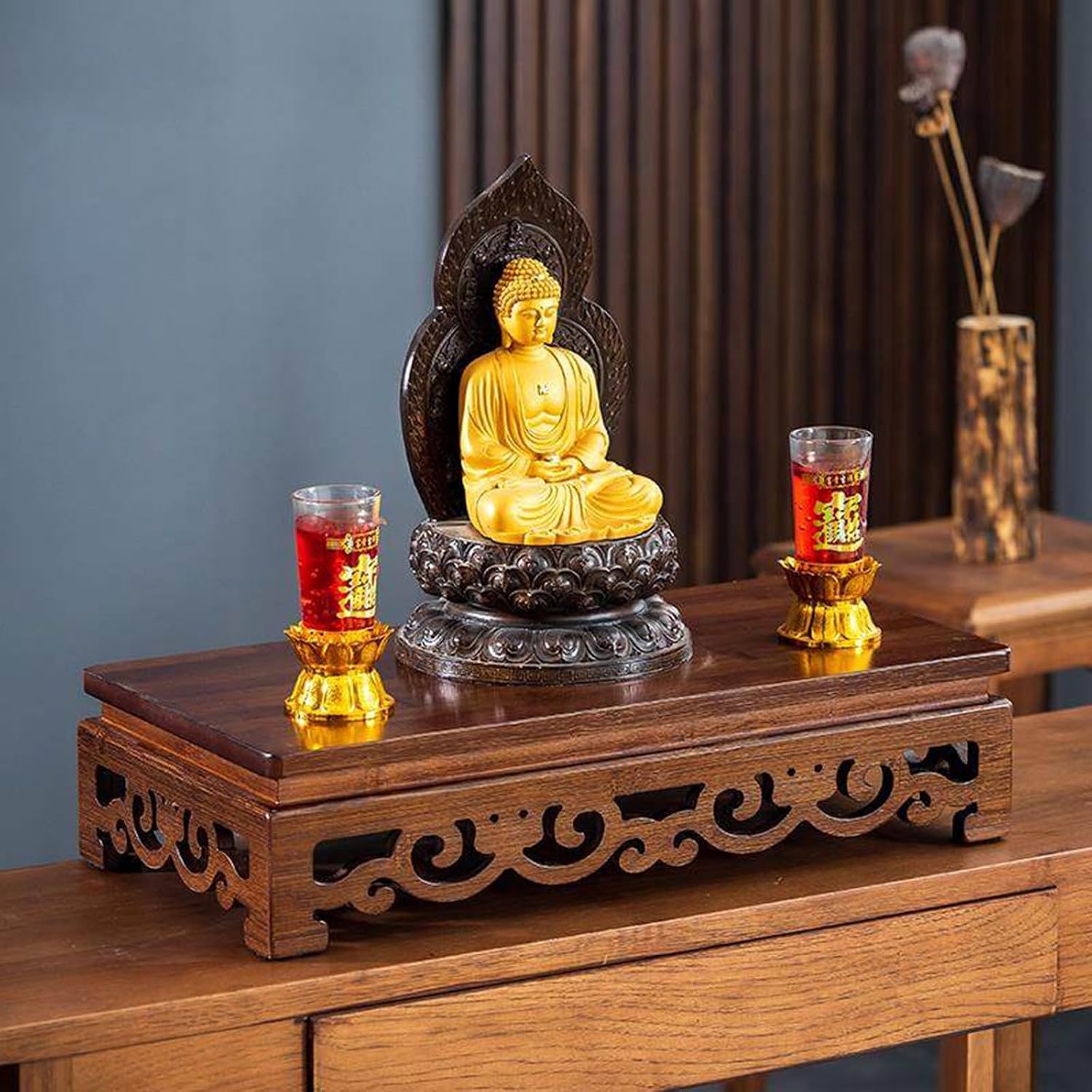 Freestanding Hollow Carving Wooden Shrine Altar Table Personal Shrine Altar Table Shelf Buddhist Prayer Altar Cabinet for Living Room, Bedroom(40 * 25 * 12cm/15.7 * 9.8 * 4.7in)