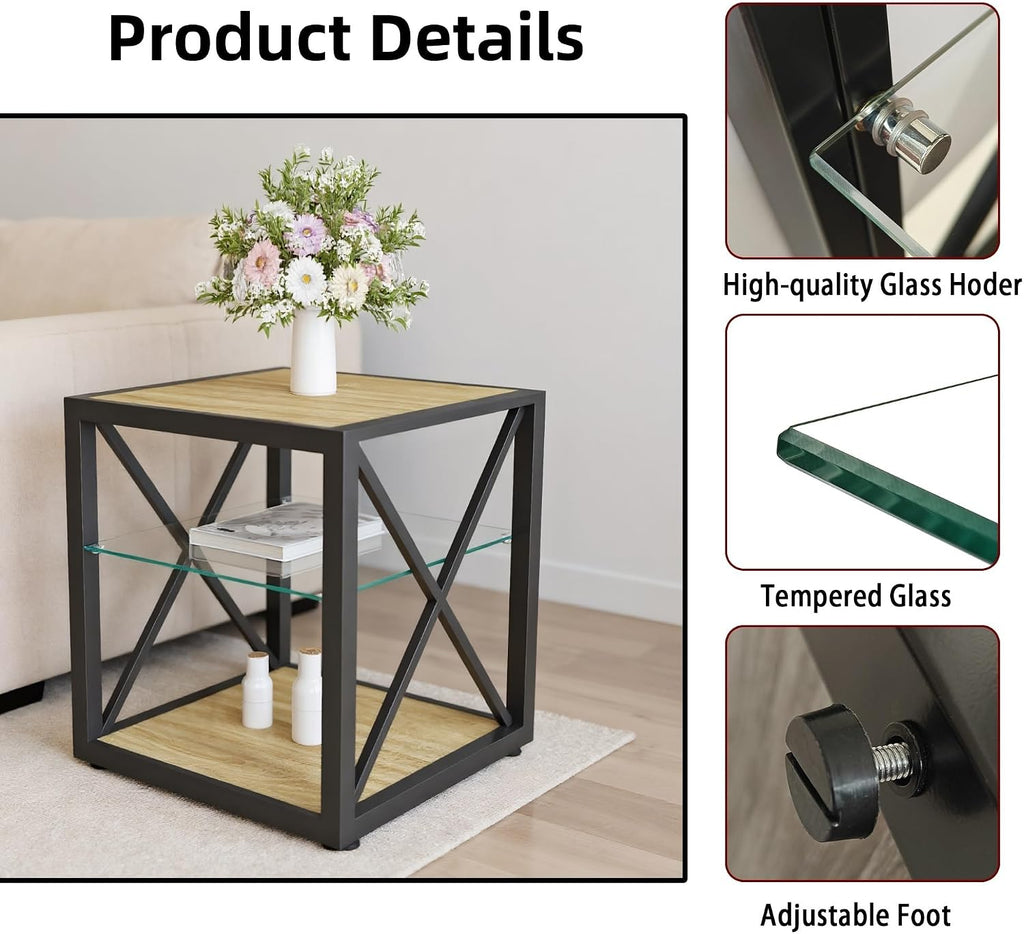 Modern End Table with Tempered Glass Shelf and Natural Wood MDF, Industrial Metal Frame Side Table for Living Room Bedroom Office, Functional Compact Three-Tier Accent Furniture Piece Design