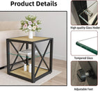 Modern End Table with Tempered Glass Shelf and Natural Wood MDF, Industrial Metal Frame Side Table for Living Room Bedroom Office, Functional Compact Three-Tier Accent Furniture Piece Design