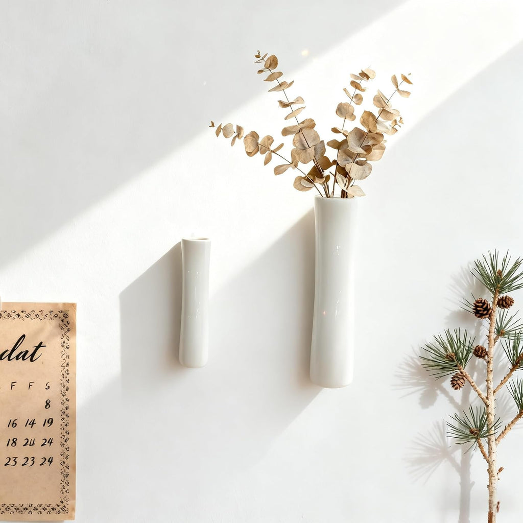 Set of 2 Wall Ceramic Vase, White Matte Hanging Wall Vase, Modern Minimalist Ceramic Vases for Dried or Fresh Flowers, Easy Mount Decor for Living Room & Entryway