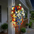 4th of July Decoration Tricolor Patriotic Artificial Flower, Red White and Blue Hanging Flowers for 250th Independence Day Decor, Artificial Hanging Flowers for Window Decorations (LED Flower)