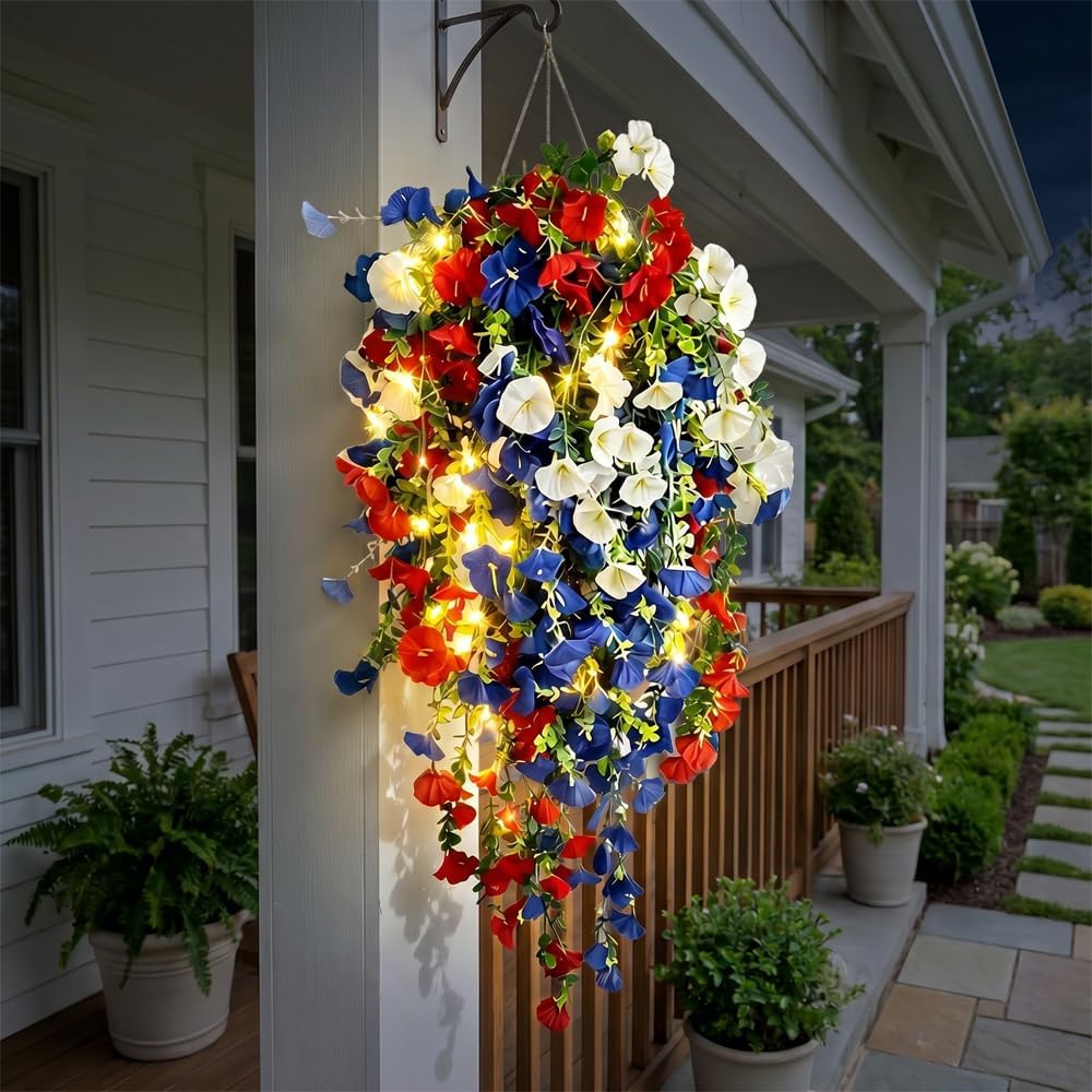 4th of July Decoration Tricolor Patriotic Artificial Flower, Red White and Blue Hanging Flowers for 250th Independence Day Decor, Artificial Hanging Flowers for Window Decorations (LED Flower)