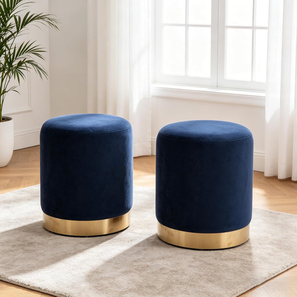 LSSBOUGHT Round Velvet Ottoman, 16" H Footrest Stool with Gold Metal Base, Modern Upholstered Vanity Stool for Living Room, Bedroom, Entryway (Blue, Set of 1)