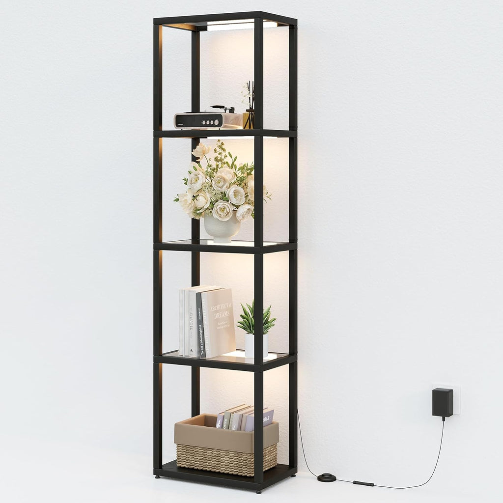 Tribesigns Display Shelf Floor Lamp with Shelves, Modern Black Glass Display Cabinet with Remote & 3 CCT Dimmable LED, Tall 5-Tier Wooden Conner Open Bookshelf Lamp for Bedroom Office Living Room