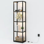 Tribesigns Display Shelf Floor Lamp with Shelves, Modern Black Glass Display Cabinet with Remote & 3 CCT Dimmable LED, Tall 5-Tier Wooden Conner Open Bookshelf Lamp for Bedroom Office Living Room