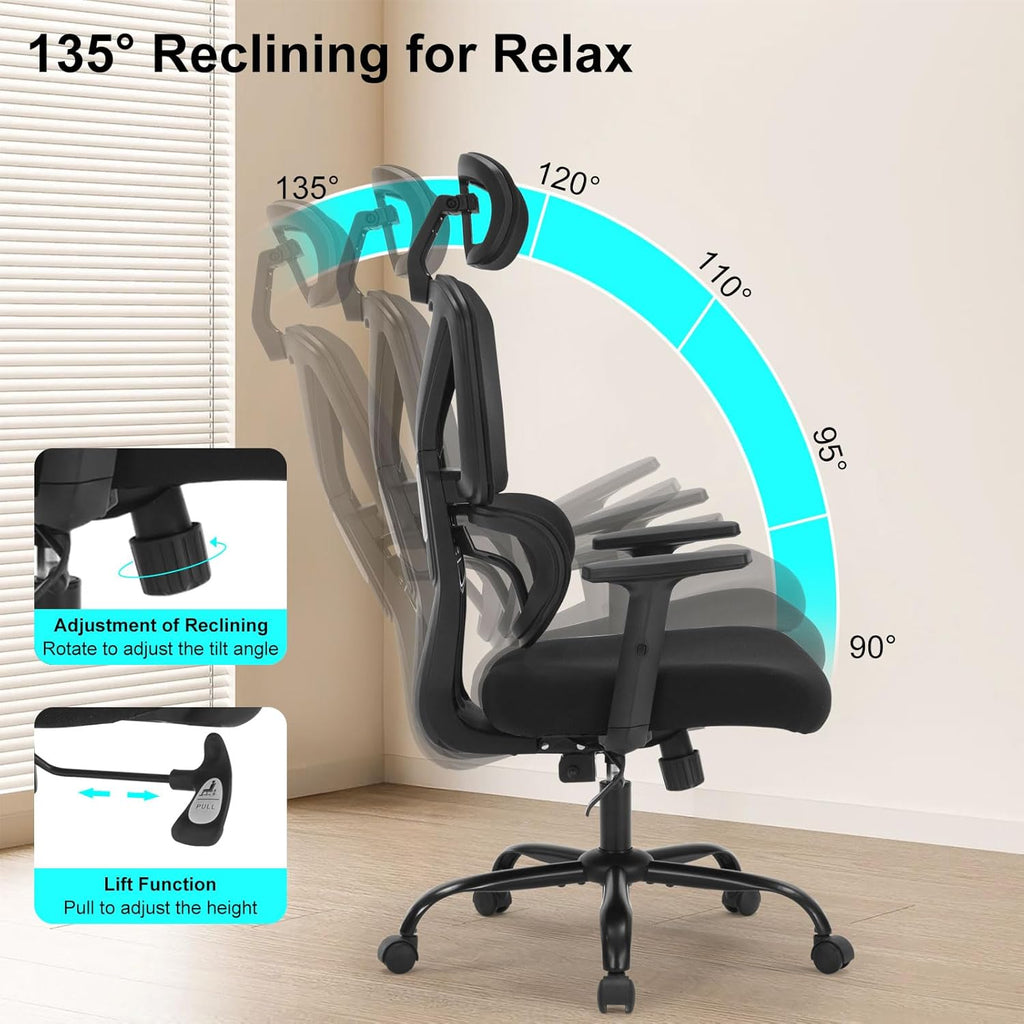 Ergonomic Office Chair, High Back Mesh Executive Desk Chair with Adjustable Height and Adjustable Armrests, Lumbar Support Swivel Task Computer Chair, 350LBS