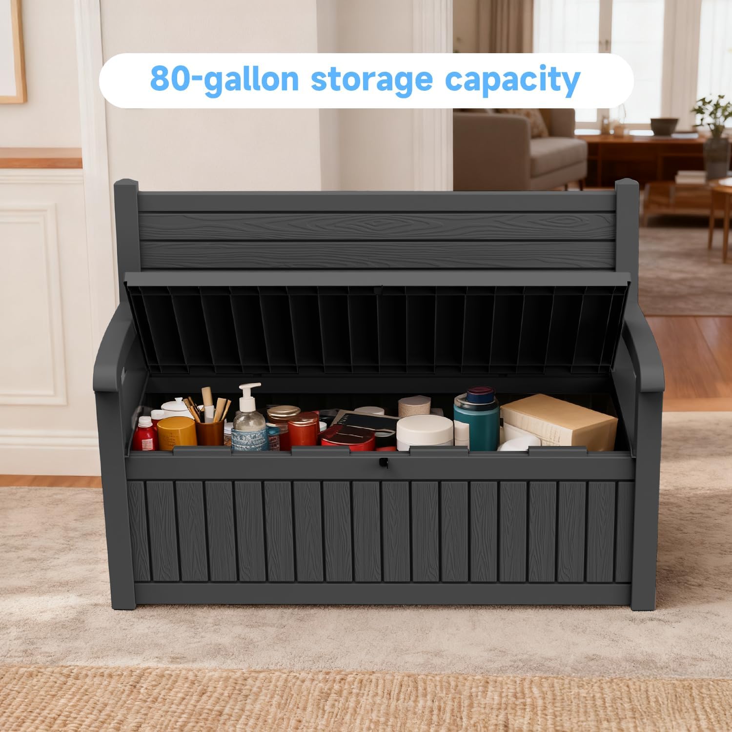 Pepe Tee 80 Gallon Outdoor Storage Bench, Resin Deck Box with Backrest and Armrests, All-Weather Patio Seating for Garden, Black