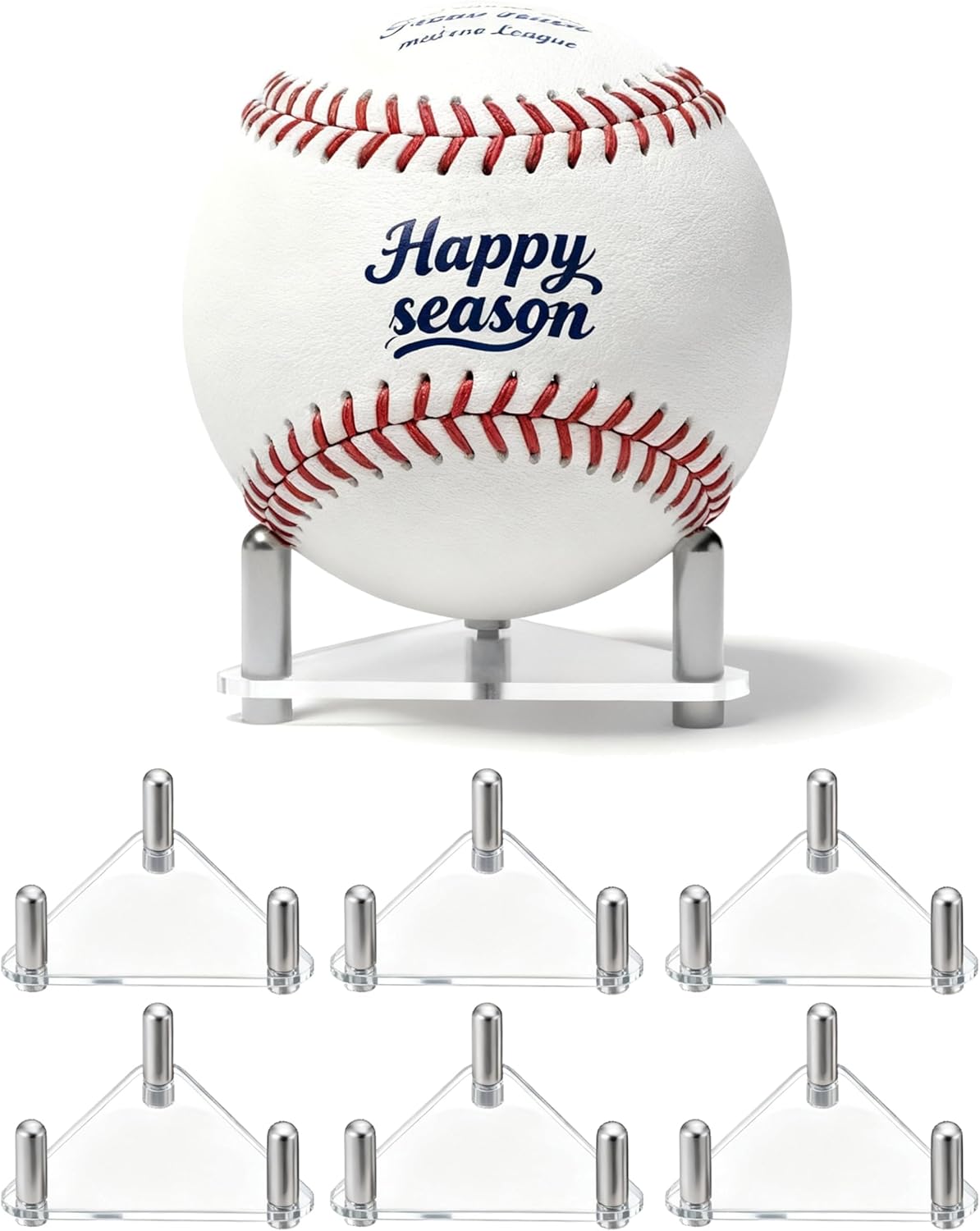 Happyseason 6-Pack Baseball Holders for Display, Clear Acrylic Ball Stand for Autographed Baseballs, Softballs, Tennis & Billiard Balls, Minimalist Rack with Stainless Steel Rods (Easy Assembly)