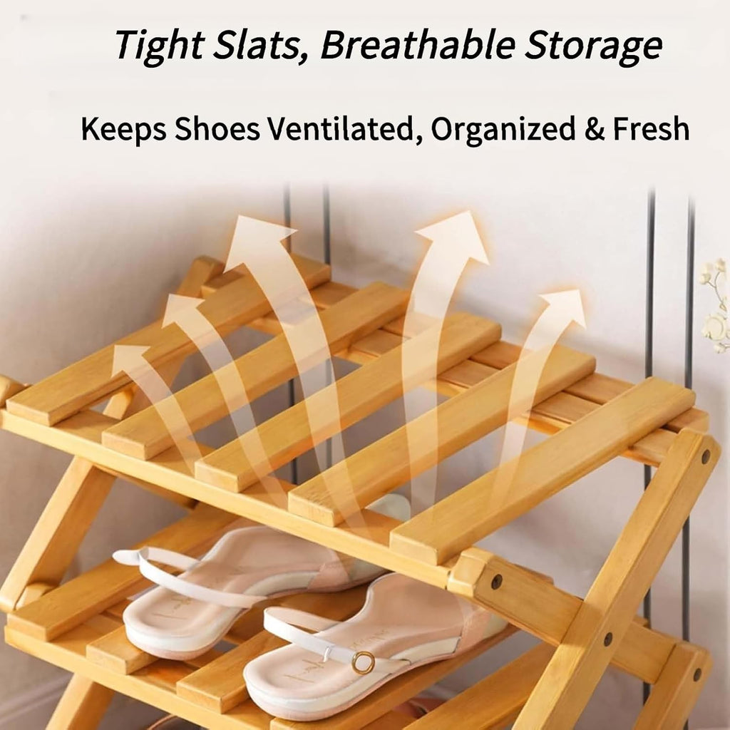 The 9-Tier No-Assembly Bamboo Rack, Folding Accordion Shoe Rack with Collapsible Vertical Design, Space-Saving Shoe Organizer for Entryway Closet Dorm (Brown, 6)