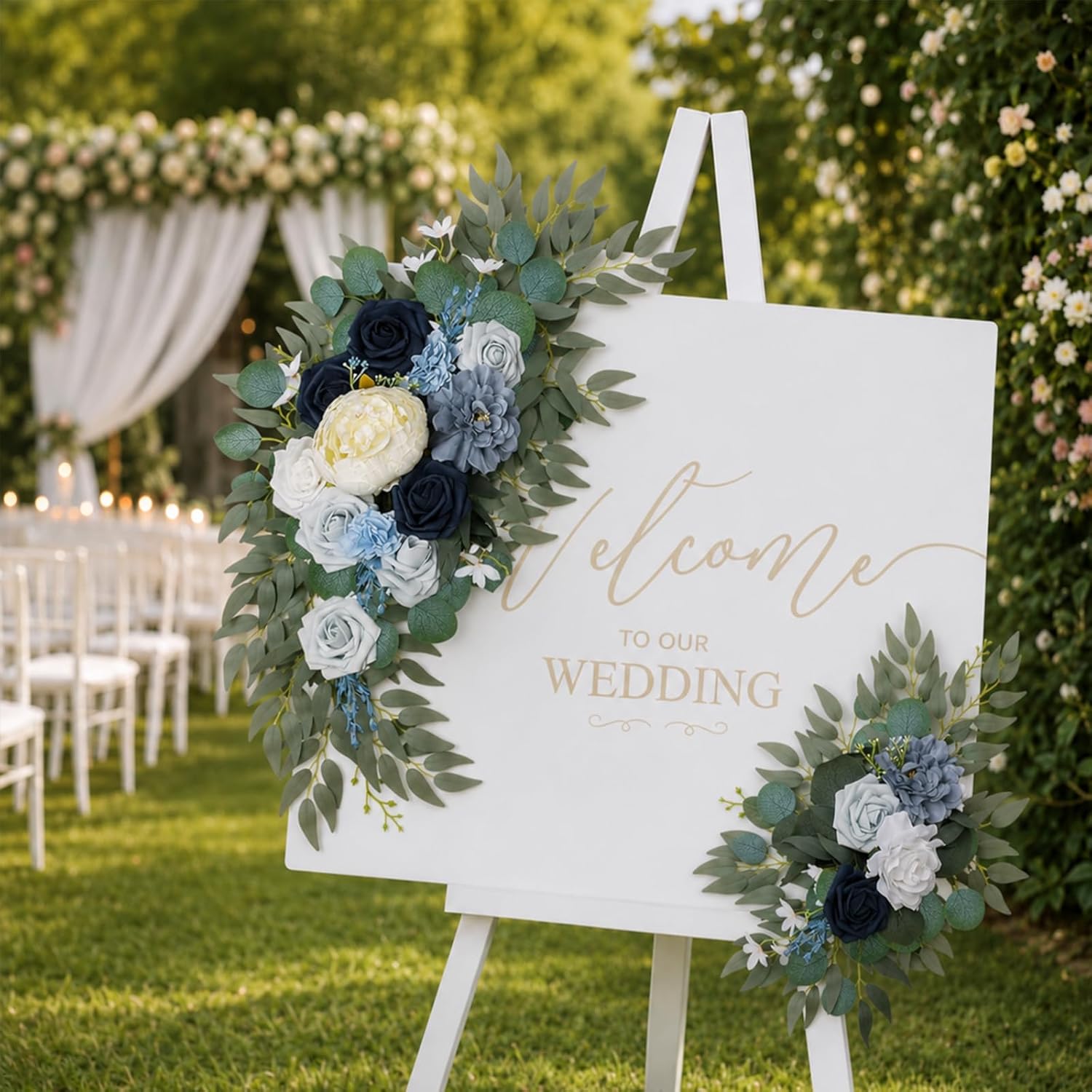 AitnWoy Artificial Wedding Arch Flowers Kit 2 PCS Dust Rose Flowers Silk Peony Floral Swag Welcome Sign for Wedding Ceremony Party Home Garland Decor