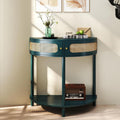Unique Half Moon Console Table with Rattan Doors, 31.5" Rattan End Table with 2 Drawers & Storage Shelf, Antique Green Half Moon Entry Tables for Living Room, Entryway, Bedroom