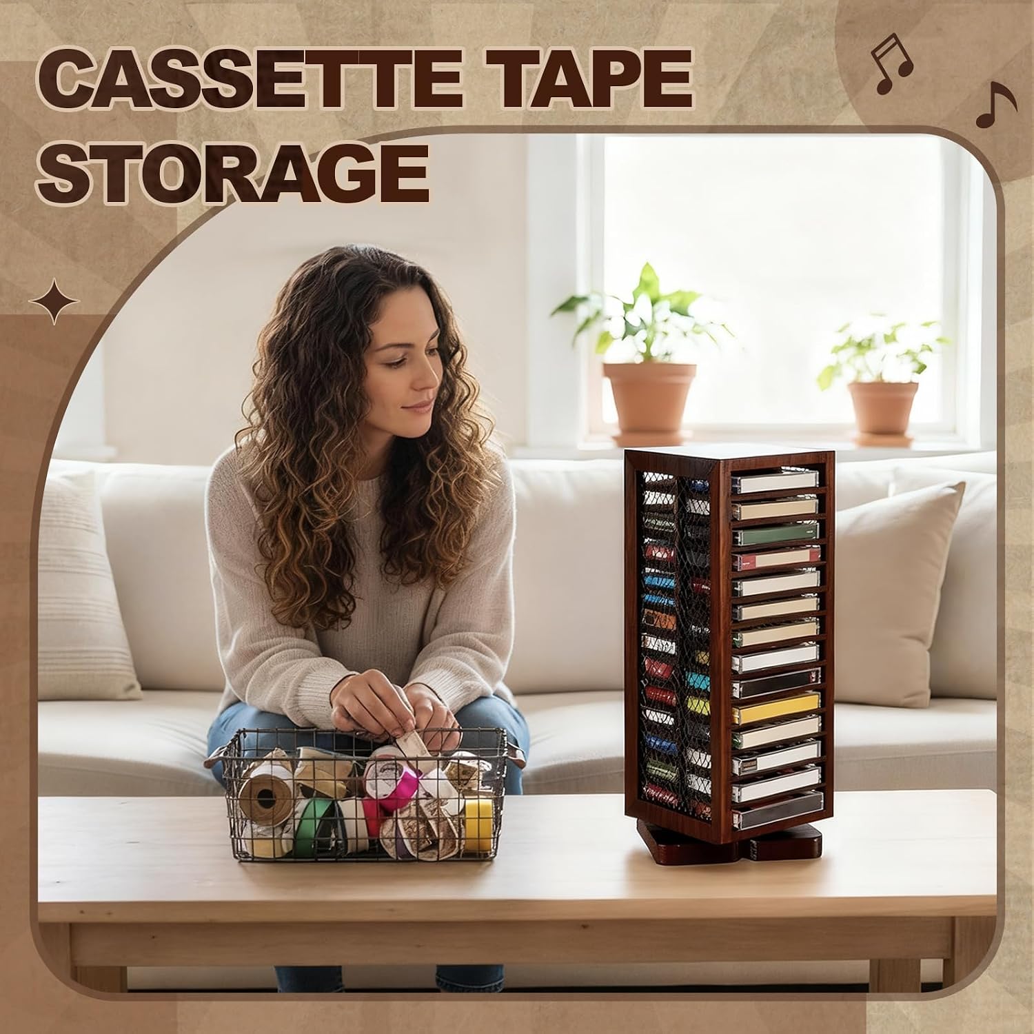 Ripeng Cassette Tape Holder, 28 Capacity 360° Rotating Double Sided Storage Rack, Rustic Brown Metal & Wood Display Shelf for Home, Music Studio