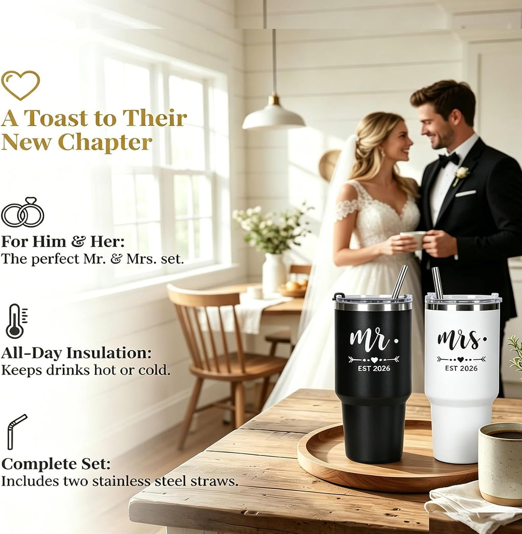 DHQH Mr and Mrs Gifts 2026 Tumbler Set, Engagement Wedding Gifts for Couples Wife Husband Bride To Be 30oz Travel Tumbler (Black & White)