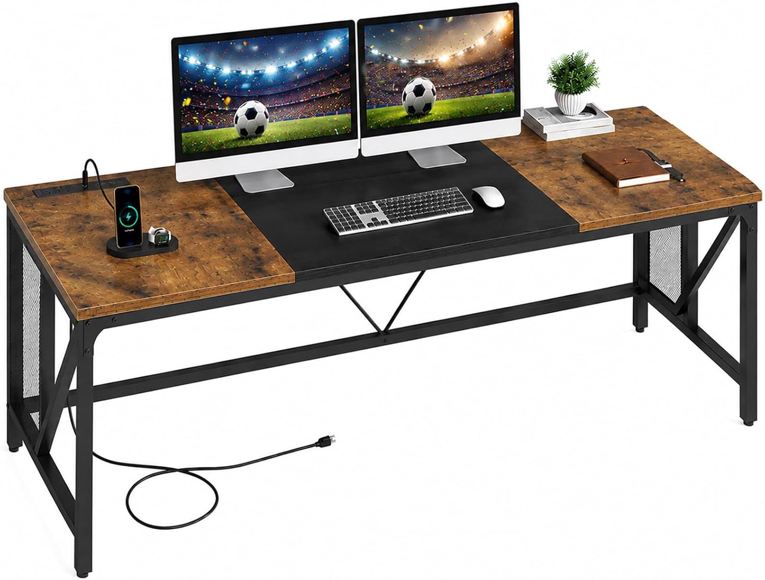 YATINEY 70.9" Computer Desk with Power Outlets, Gaming Desk, Large Office Executive Desk Workstation, Business Furniture for Home Office, Study, Rustic Brown and Black DN18UBR