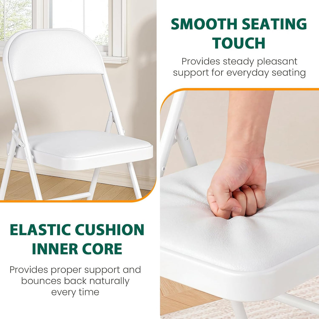 Folding Chairs 2 Pack,350 lbs Heavy Duty Metal Frame Folding Chairs with PU Leather Padded Seat,Ergonomic Portable Foldable Chair with Non-Slip Rubber Feet for Indoor Outdoor Wedding Patio Party,White