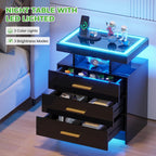HNEBC Black Nightstand with 3 Drawers& Wireless Charging Station&LED Lights | Smart Bedside table with USB -C Port,3-Color Dimmable Light,Motion Sensor,Glass Top,Higt-Gloss for Bedroom,Ideal Home Decor