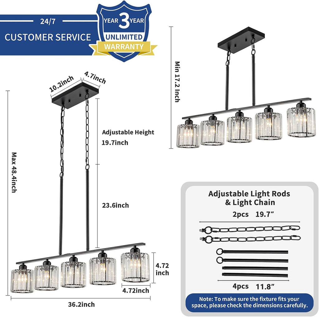 36" Black Chandeliers for Dining Room Light Fixtures over Table, 5-Light Black Linear Farmhouse Pendant Lights Kitchen Island Lighting, Adjustable Island Lights for Kitchen with K9 Cystal Shades E26