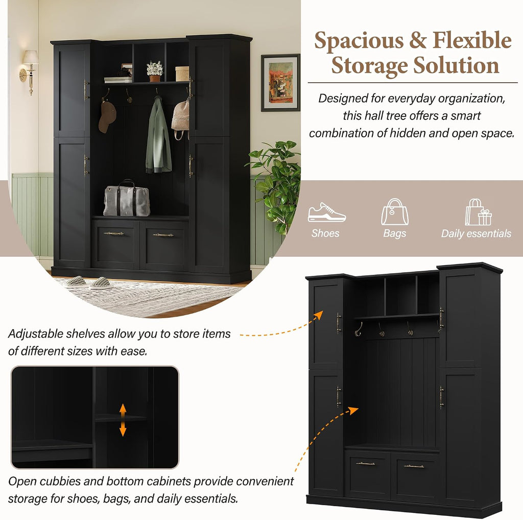 JIVOIT Farmhouse Hall Tree with 4 Side Cabinets, Adjustable Shelves & Open Cubbies, All-in-One Mudroom Furniture, Beadboard Entryway Bench with Coat Rack & 5 Hooks for Hallway (Black,152)