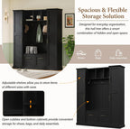 JIVOIT Farmhouse Hall Tree with 4 Side Cabinets, Adjustable Shelves & Open Cubbies, All-in-One Mudroom Furniture, Beadboard Entryway Bench with Coat Rack & 5 Hooks for Hallway (Black,152)