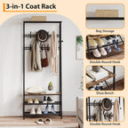 Jojoka Coat Rack Hall Tree with Shoe Storage Bench, 4-in-1 Entryway Organizer with 10 Hooks & 3-Tier Shoe Rack, Sturdy Metal Frame Freestanding Storage Unit for Hallway (Brown-Double Row, 25.2in)