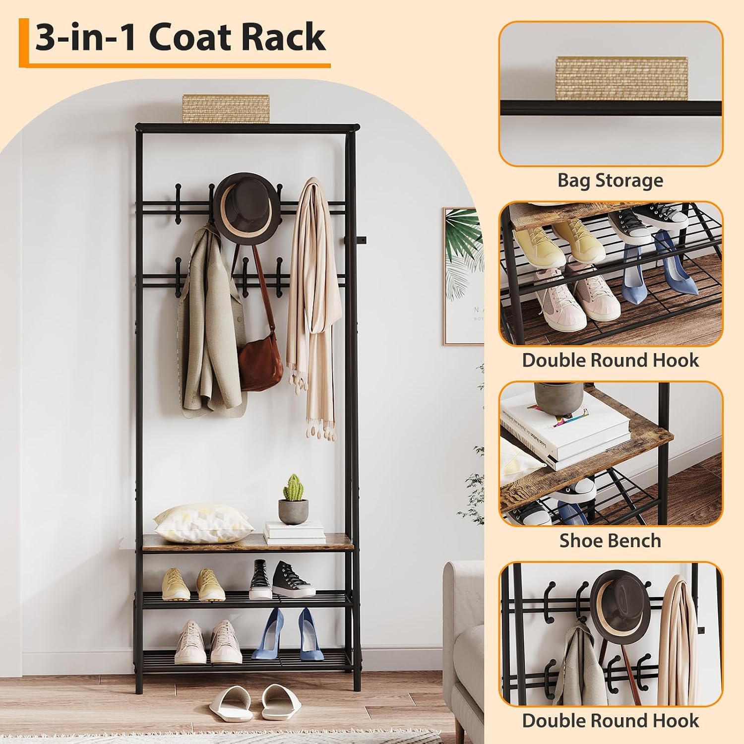 Jojoka Coat Rack Hall Tree with Shoe Storage Bench, 4-in-1 Entryway Organizer with 10 Hooks & 3-Tier Shoe Rack, Sturdy Metal Frame Freestanding Storage Unit for Hallway (Brown-Double Row, 25.2in)