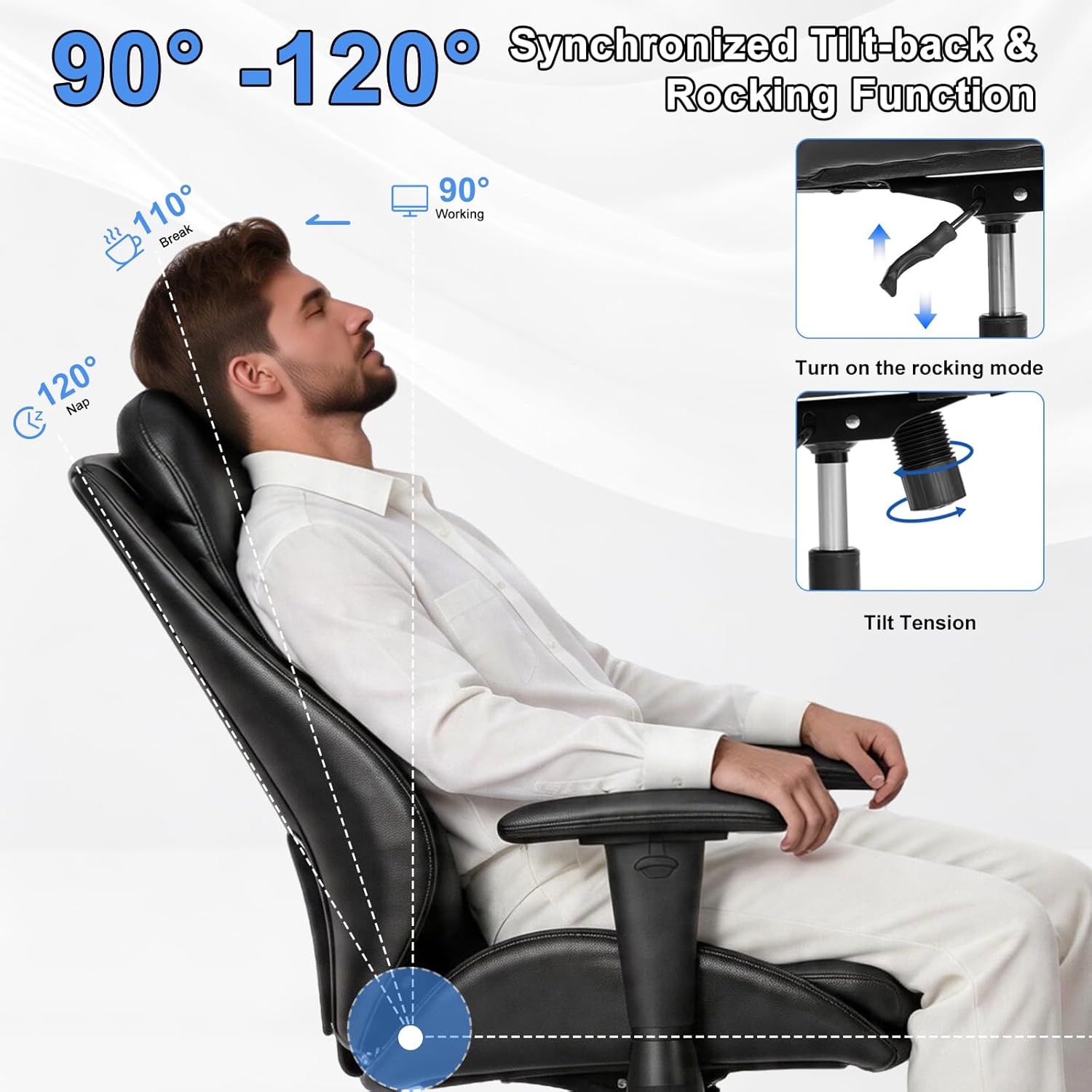 BEWISHOME Office Chair with Rubber Wheels, Big and Tall Office Chair, Ergonomic Office Chairs, Executive Desk Chair, Black PU Leather Computer Comfy Chairs with Lumbar Support, Adjustable Armrests