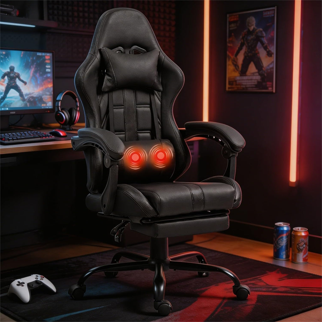 ECOTOUGE Massage Gaming Chair, Video Game Chair with Footrest, Ergonomic Computer Chair with Headrest and Massage Lumbar Support, Height Adjustable High Back Office Desk Chair with 360° Swivel, Black