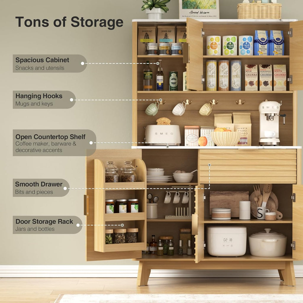 Vabches 65” Kitchen Pantry Storage Cabinet, Fluted Kitchen Hutch Cabinet with 4 Charging Stations and Large Countertop, Open Shelves & Drawers for Dining Room, Living Room,Modern, Natural
