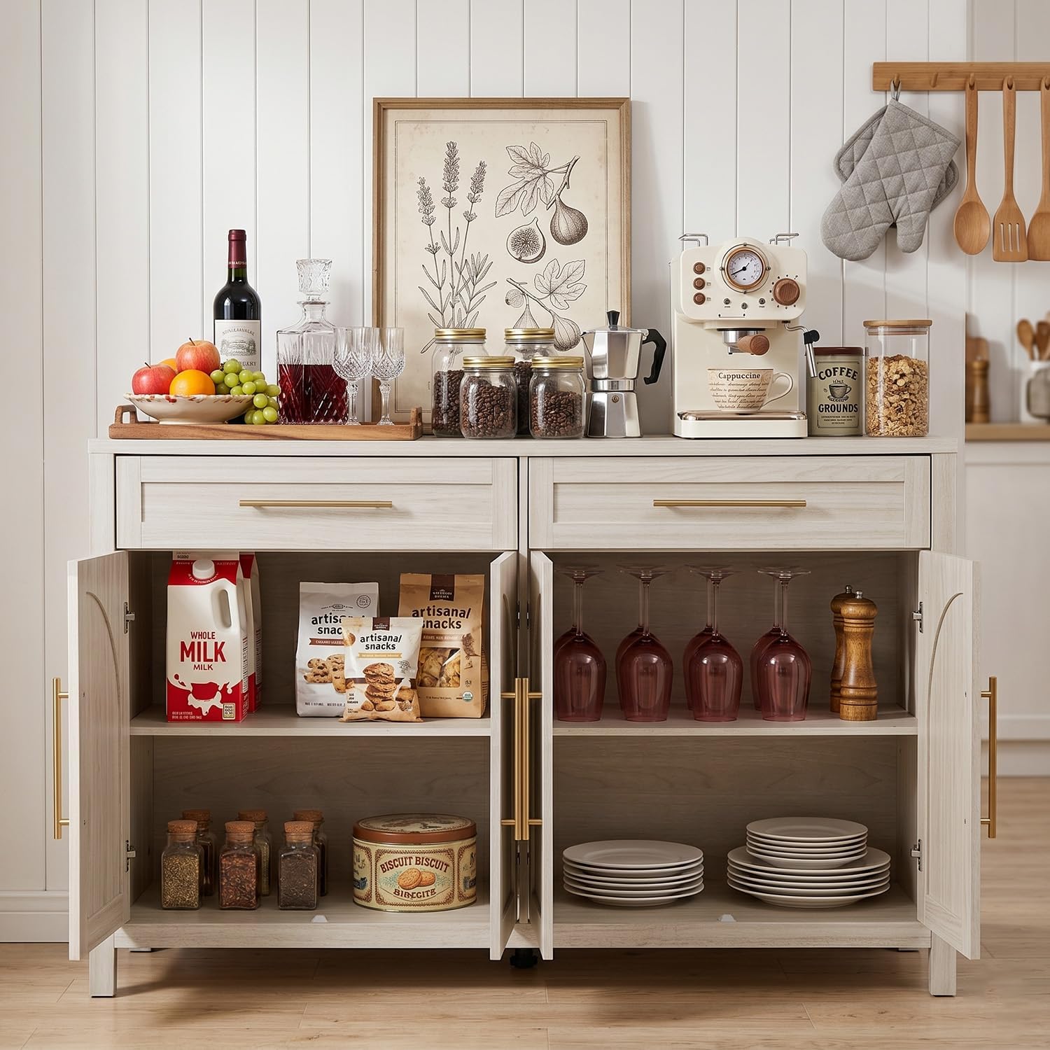 Mid-Century Modern Arched Sideboard, 55" Buffet Cabinet with Storage, 4-Door Accent Cabinet, Long Sideboard Buffet Table for Kitchen, Living Room, White