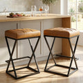 26 Inch Counter Height Bar Stools Set of 2, Backless Bar Stools for Kitchen Island, Faux Leather Upholstered Seat Modern Counter Stools with X-Frame Metal Legs and Footrest Walnut Brown