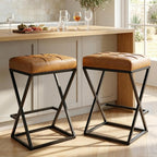 26 Inch Counter Height Bar Stools Set of 2, Backless Bar Stools for Kitchen Island, Faux Leather Upholstered Seat Modern Counter Stools with X-Frame Metal Legs and Footrest Walnut Brown