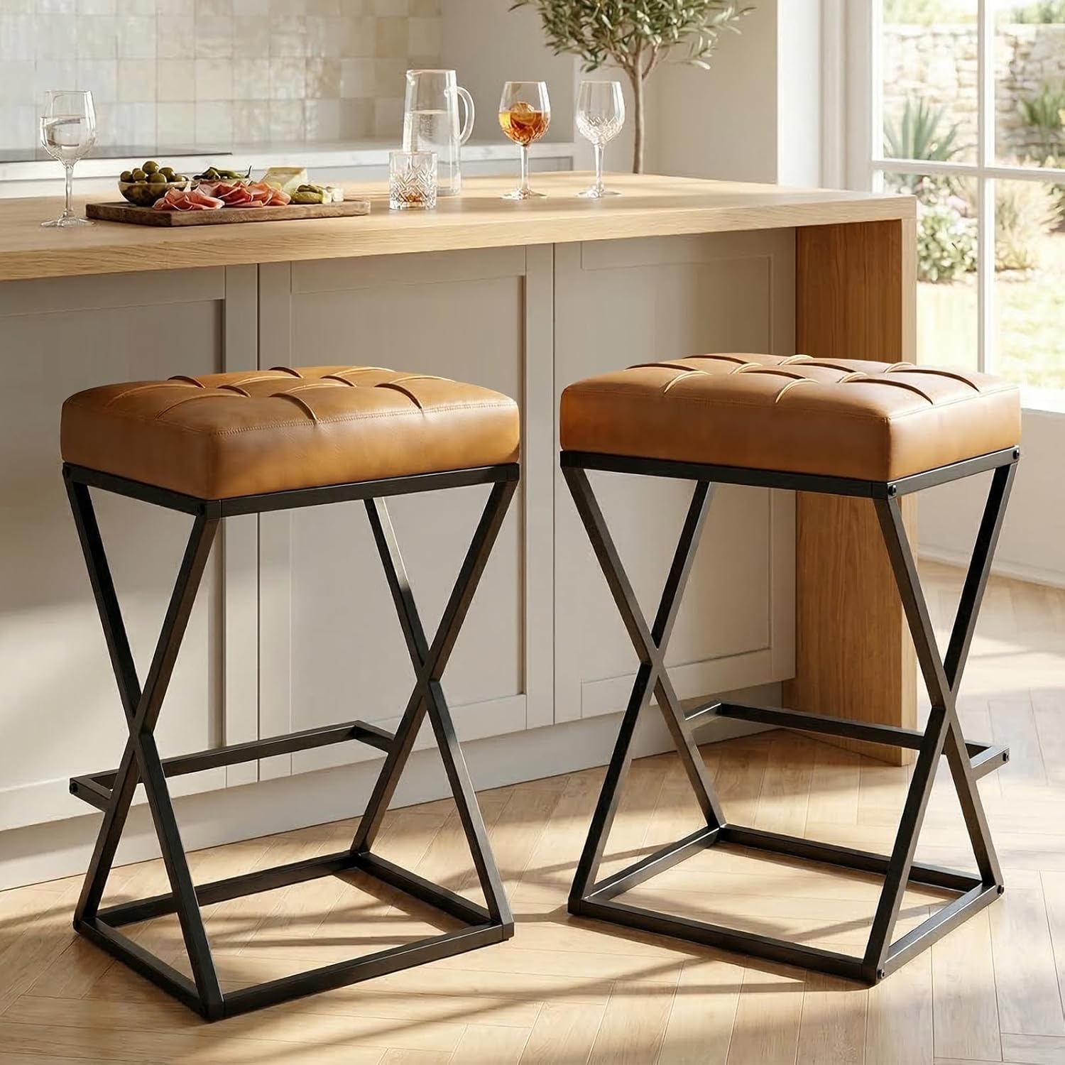26 Inch Counter Height Bar Stools Set of 2, Backless Bar Stools for Kitchen Island, Faux Leather Upholstered Seat Modern Counter Stools with X-Frame Metal Legs and Footrest Walnut Brown