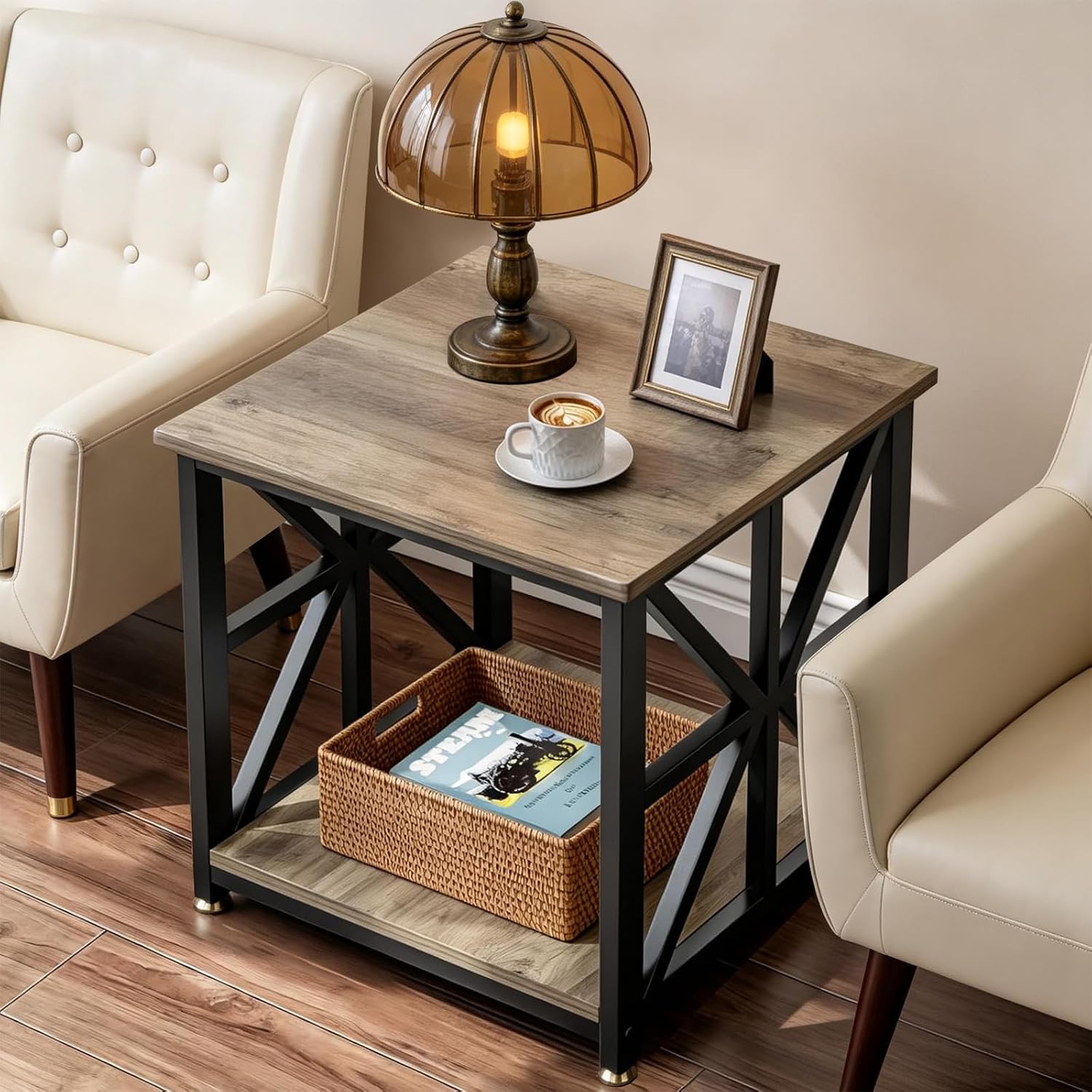 TooCust Square End Table with Storage Shelf, 24 inch Large Side Table with Rounded Corners, 2-Tier End Table Living Room, Upgraded X-Shaped Night Stand for Bedroom, Farmhouse Wood Table, Grey Wash