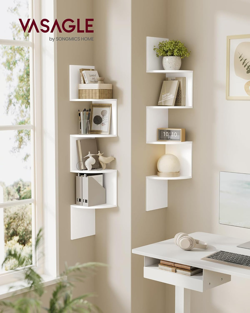 VASAGLE Set of 2, Corner Shelves Wall Mount, 4-Tier Floating Corner Bookshelves, Plant Shelves for Bedroom, Living Room, Bathroom, Home Office, Cloud White